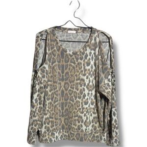 Maronie Large Soft Leopard Print Long Sleeve Shoulder Cutout Crewmeck Top